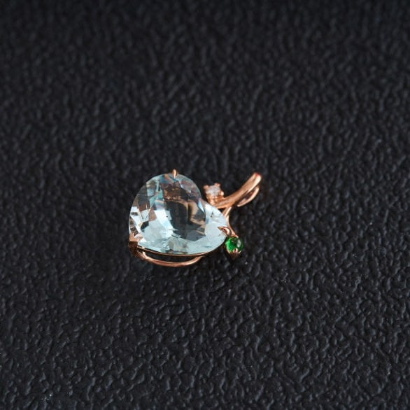 14k Gold 3.77 Ct Natural Aquamarine & Diamond & Tsavorite Pendant( Without Chain ) - 6