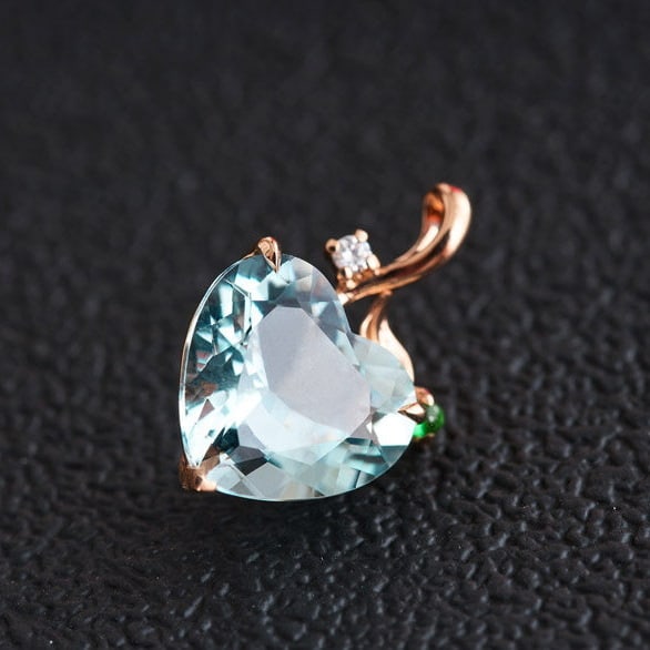 14k Gold 3.77 Ct Natural Aquamarine & Diamond & Tsavorite Pendant( Without Chain ) - 7