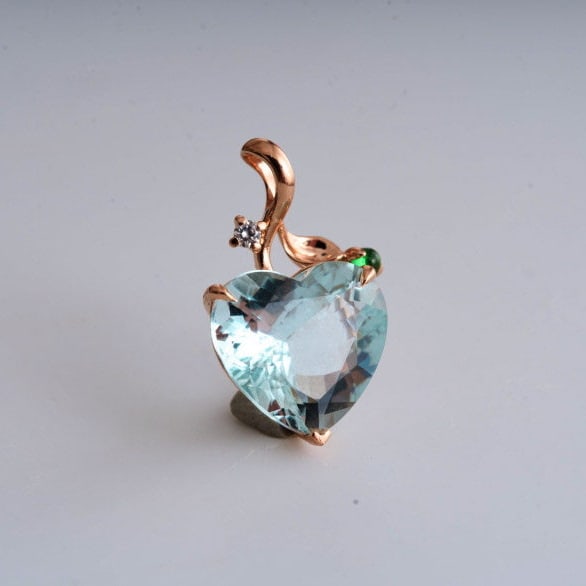 14k Gold 3.77 Ct Natural Aquamarine & Diamond & Tsavorite Pendant( Without Chain ) - 8