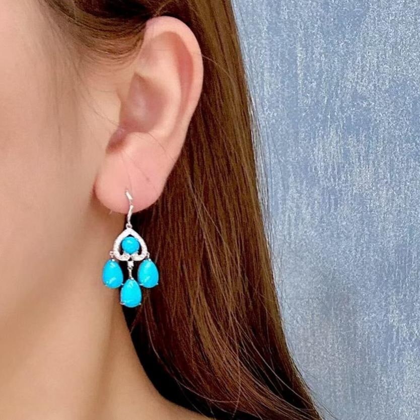 14k Gold 9.22 Ctw Natural Blue Turquoise & Diamond Earrings - 2