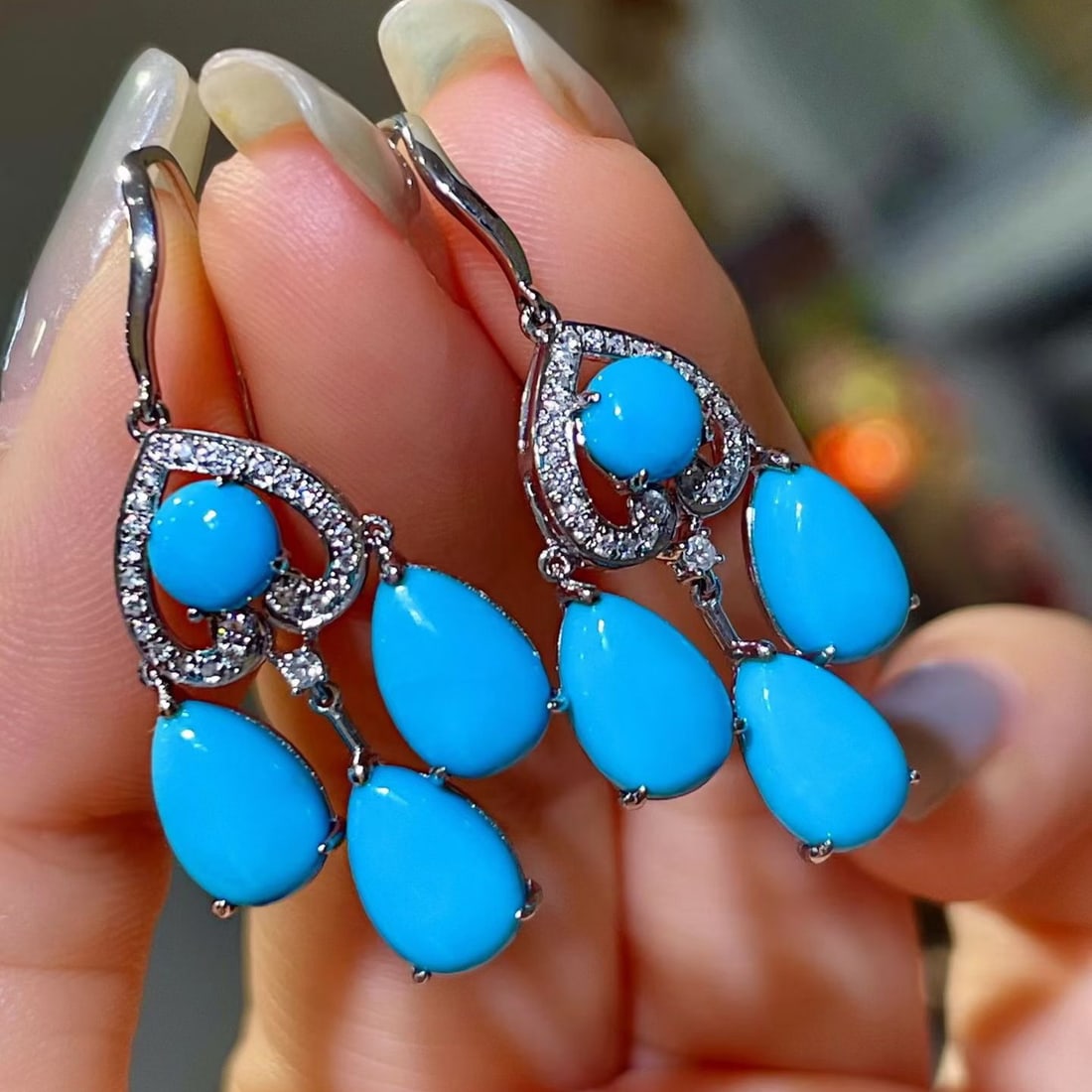 14k Gold 9.22 Ctw Natural Blue Turquoise & Diamond Earrings - 3