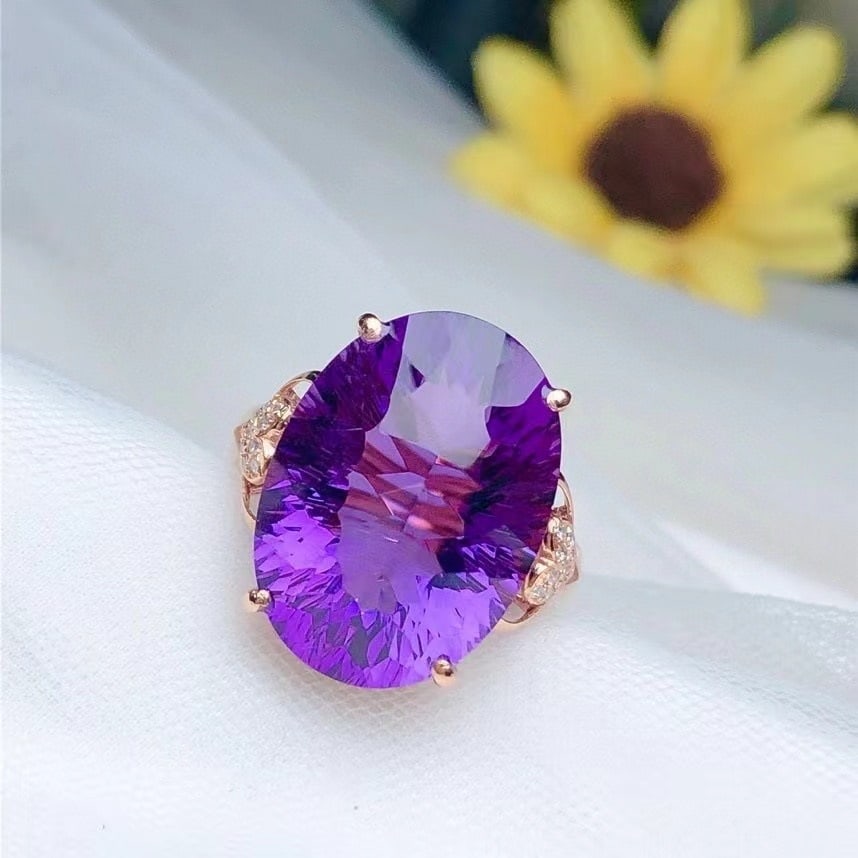 14k Gold 12.50 Ct Natural Amethyst & Diamond Ring - 4