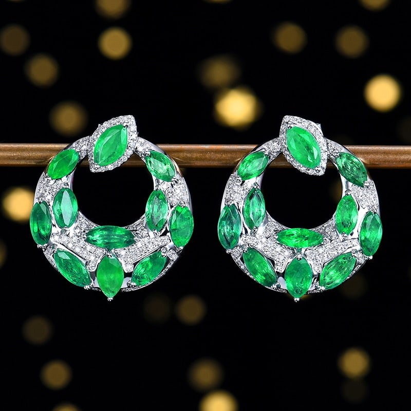 14k Gold 5.65 Ctw Natural Emerald & Diamond Earrings: Ref:231194261 // gold content:14k gold // main gemstone:emerald // shape:marquise // carat weight:5. 3ct // color:green // treatment:natural // // adjacent gemstone 2 : diamond // shape:round // carat