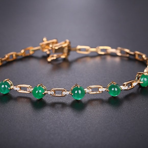 14k Gold 3.35 Ctw Natural Emerald & Diamond Bracelet: Ref:231194264 // gold content:14k gold // main gemstone:emerald // shape:round // carat weight:3ct // color:green // treatment:natural // cut grade:g // // adjacent gemstone 2 : diamond //