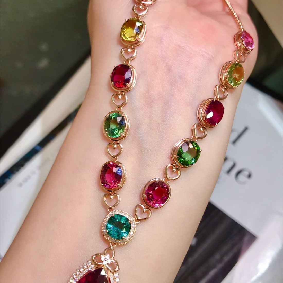 14k Gold 20 Ct Natural Tourmaline & Diamond Necklace - 5