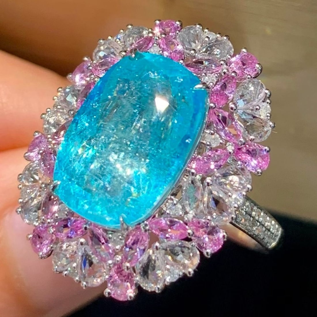 14k Gold 5.35 Ct Natural Paraiba Tourmaline & Diamond & Sapphire Ring - 3