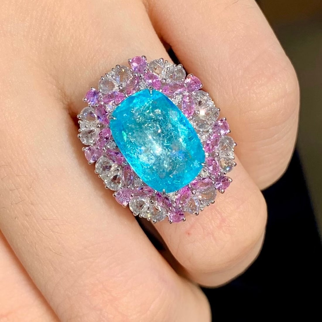 14k Gold 5.35 Ct Natural Paraiba Tourmaline & Diamond & Sapphire Ring - 4