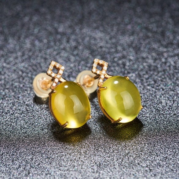 14k Gold 8.2 Ct Natural Prehnite & Diamond Earrings - 2