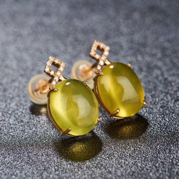 14k Gold 8.2 Ct Natural Prehnite & Diamond Earrings - 6
