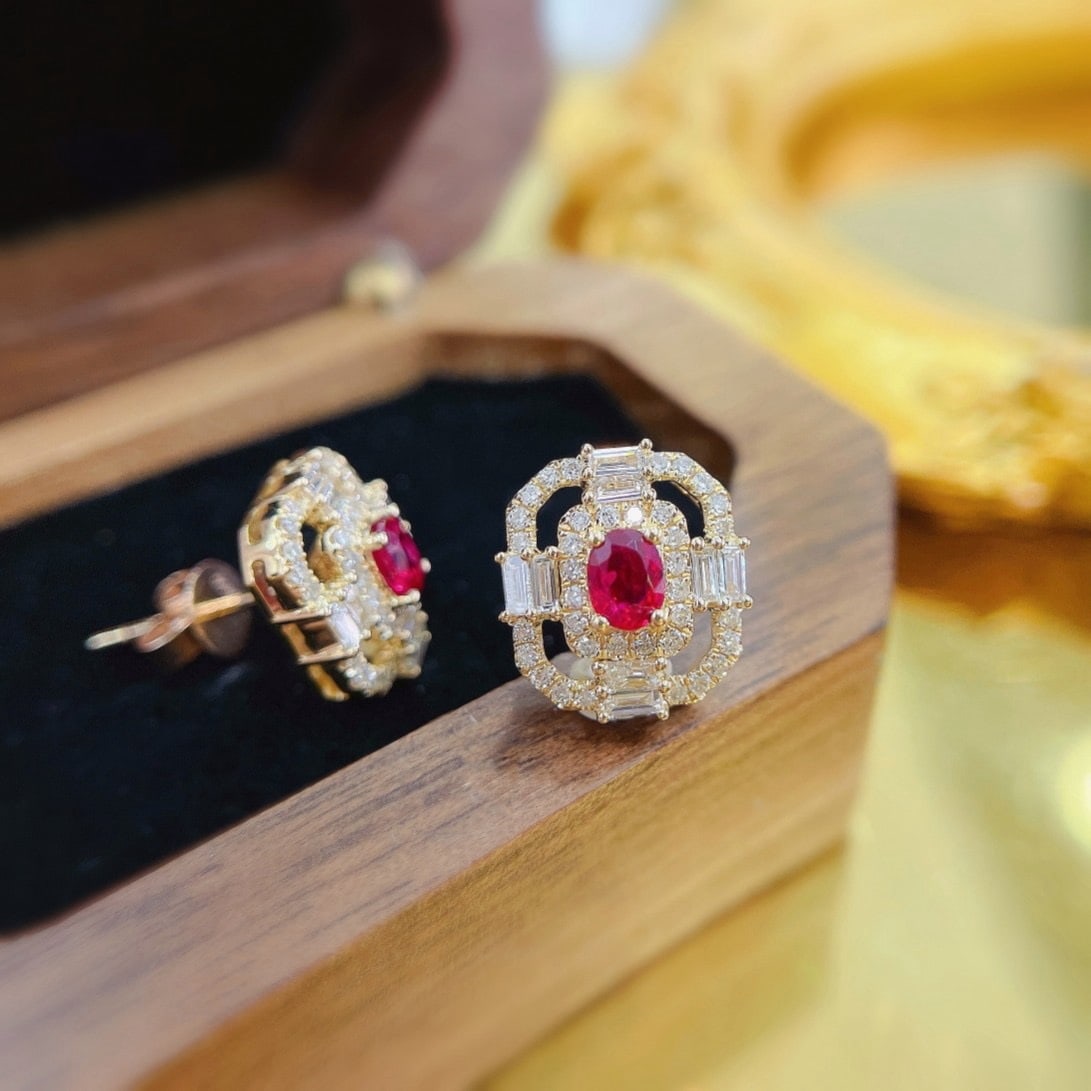 14k Gold 0.92 Ctw Natural Ruby & Diamond Earrings - 4