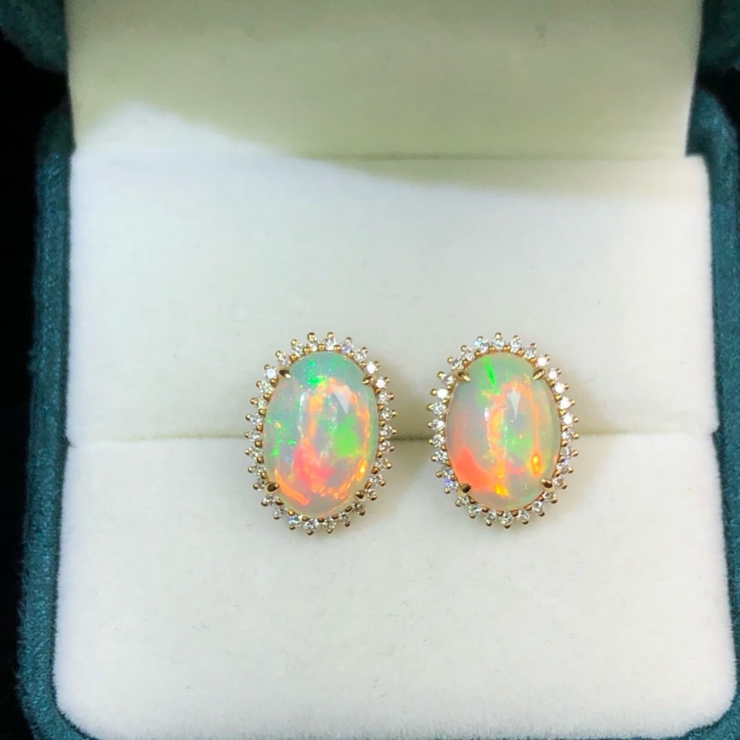 14k Gold 3.0 Ct Natural Opal & Diamond Earrings - 6