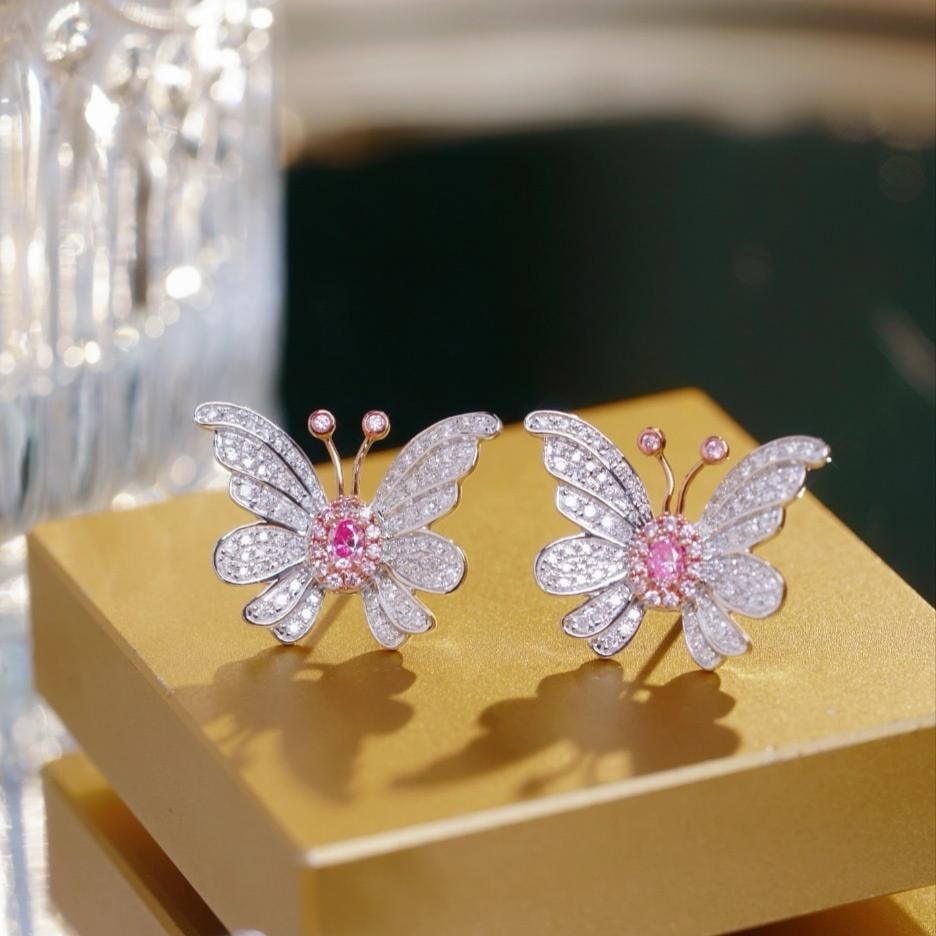 14k Gold 0.80 Ct Natural Color Diamond & Butterfly Earrings - 5