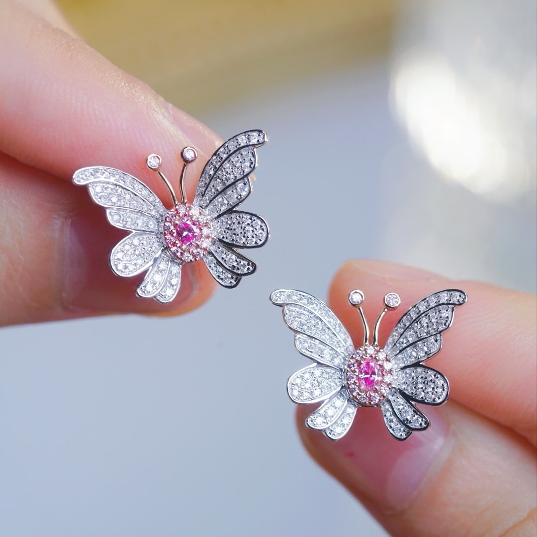 14k Gold 0.80 Ct Natural Color Diamond & Butterfly Earrings - 6