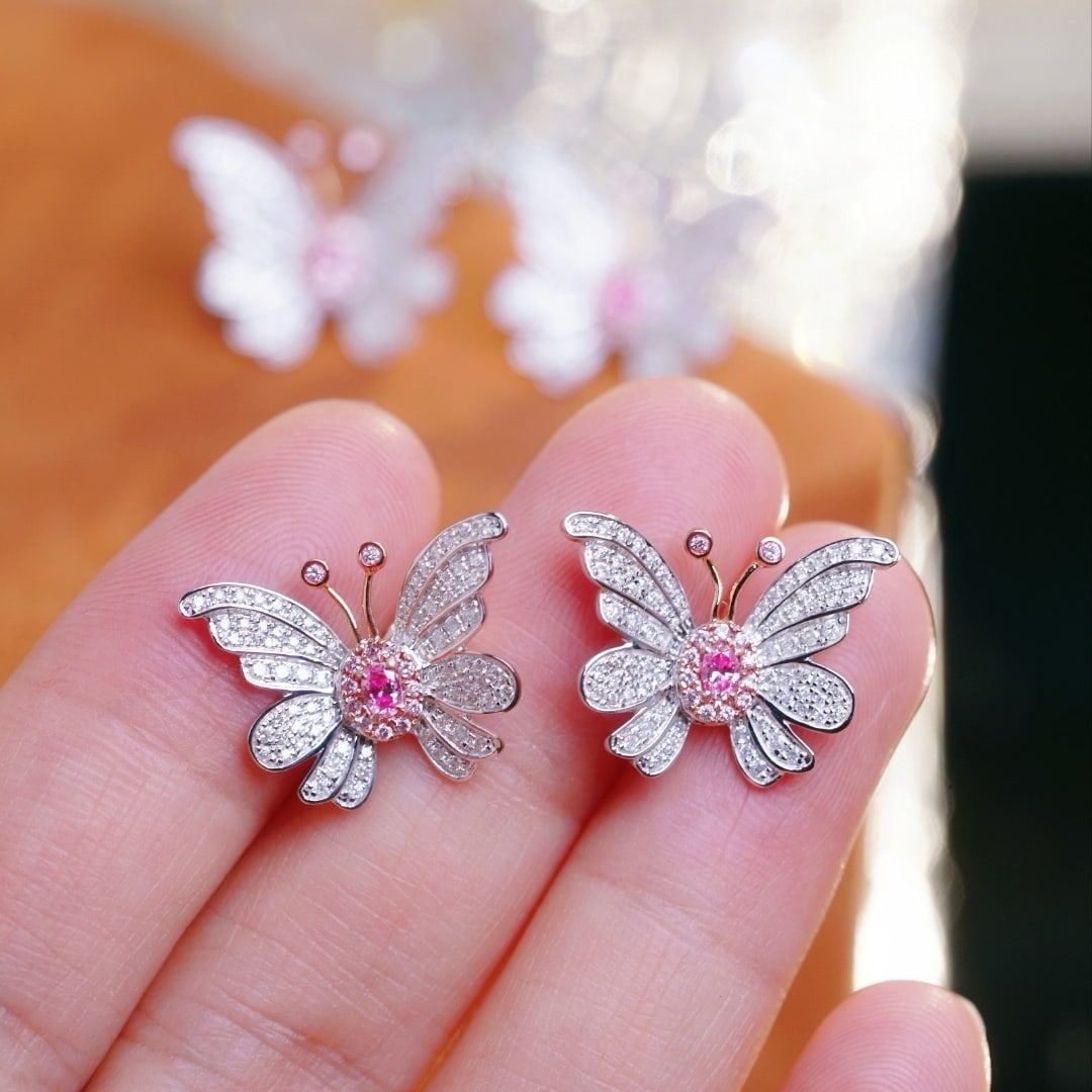 14k Gold 0.80 Ct Natural Color Diamond & Butterfly Earrings - 7