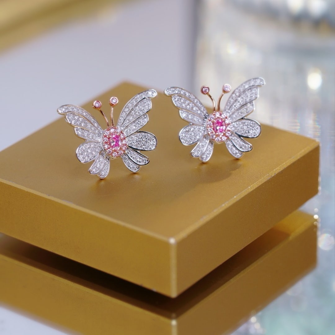 14k Gold 0.80 Ct Natural Color Diamond & Butterfly Earrings - 9