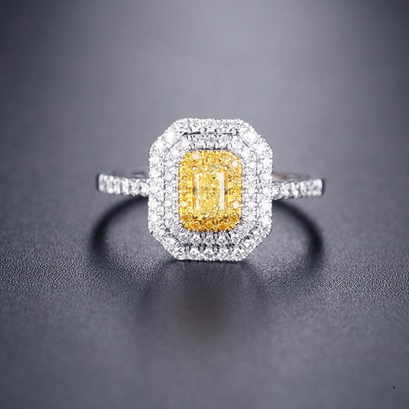 14k Gold 0.60 Ctw Natural Yellow Diamond & Diamond Ring: Ref:231194318 // gold content:14k gold // ring size:7. 25us // // main gemstone:yellow diamond // shape:cushion // carat weight:0. 22ct // color:yellow // treatment:natural // // adjacent gemstone 2 :