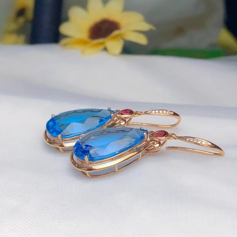 14k Gold 22.6 Ct Natural Topaz & Diamond Earrings - 3