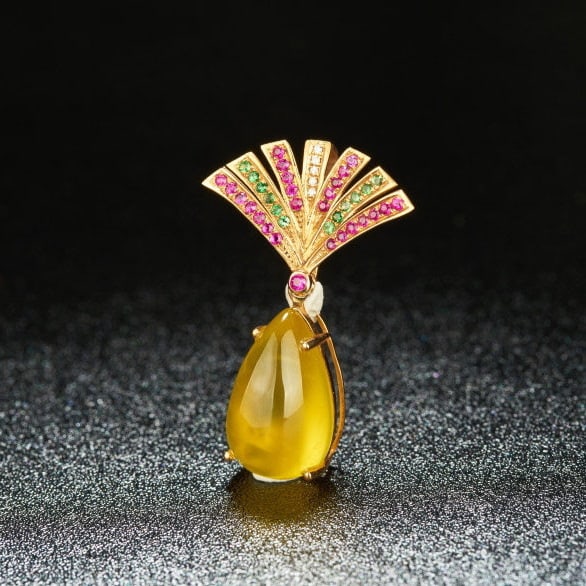 14k Gold 10.05 Ct Natural Prehnite & Diamond & Ruby & Tsavorite Pendant( Without Chain ) - 3