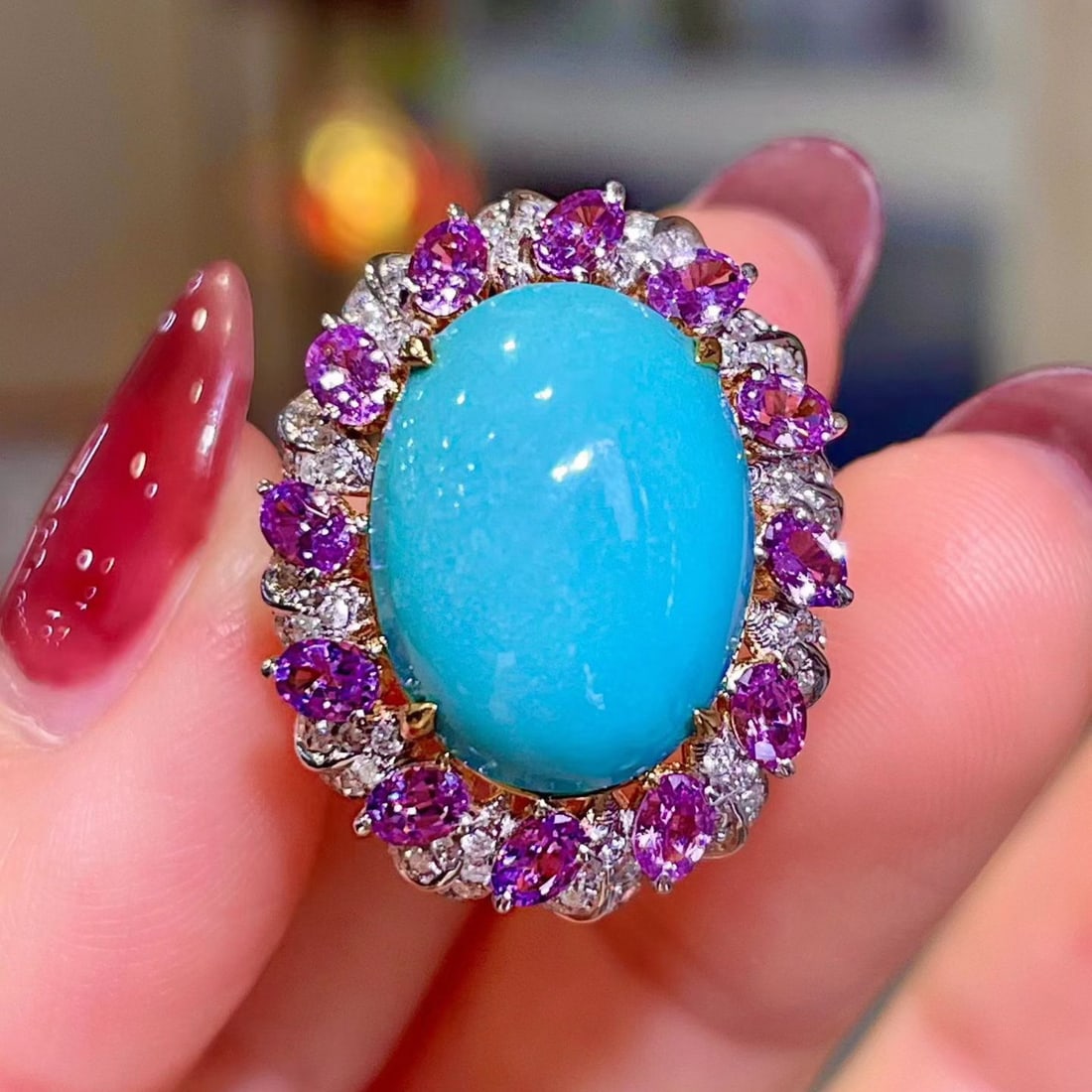14k Gold 9.19 Ctw Natural Blue Turquoise & Sapphire Ring: Ref:231194324 // gold content:14k gold // ring size:7. 25us // // main gemstone:blue turquoise // shape:oval // carat weight:7. 58ct // color:blue // treatment:natural // // adjacent gemstone 2 : sapp