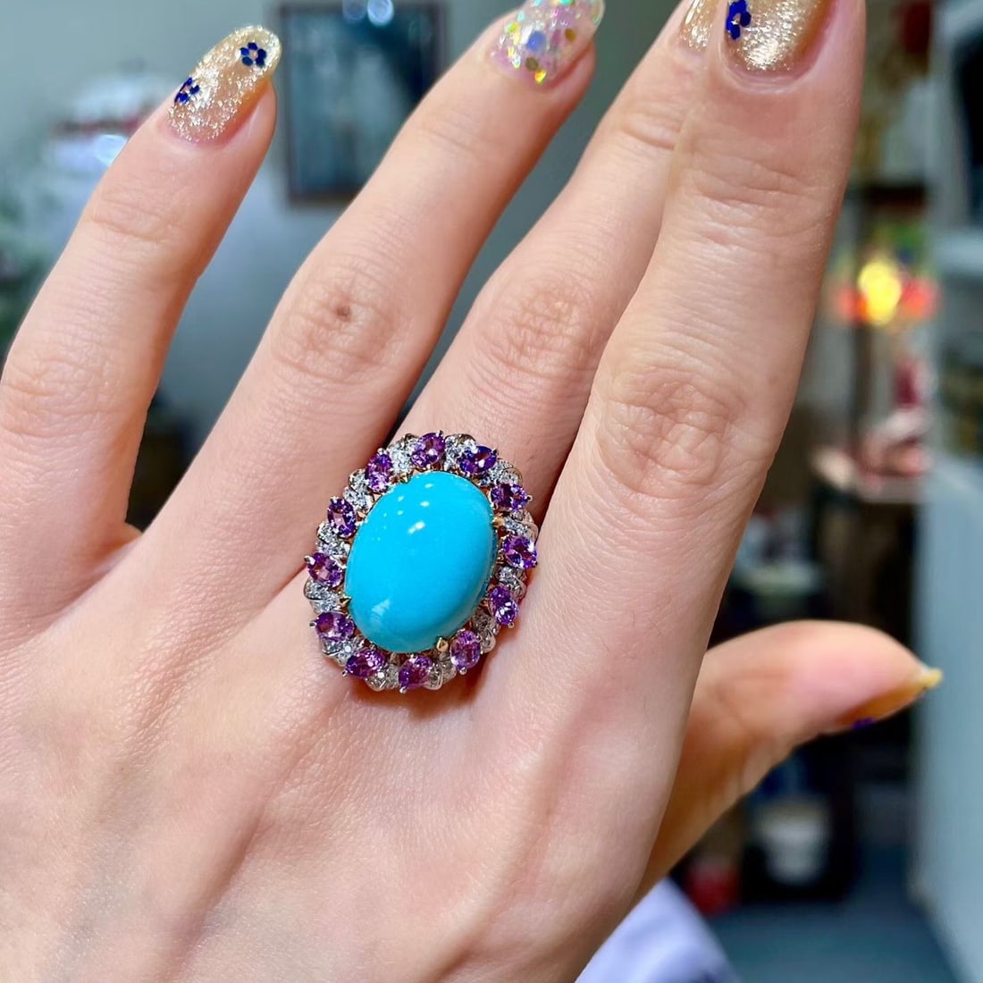 14k Gold 9.19 Ctw Natural Blue Turquoise & Sapphire Ring - 4