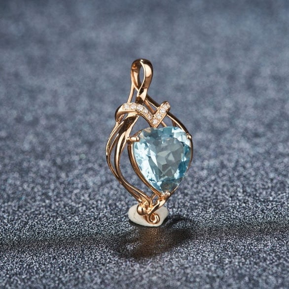 14k Gold 2.21 Ct Natural Aquamarine & Diamond Pendant( Without Chain ) - 2