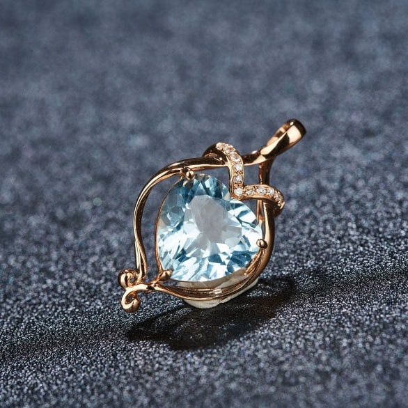 14k Gold 2.21 Ct Natural Aquamarine & Diamond Pendant( Without Chain ) - 7