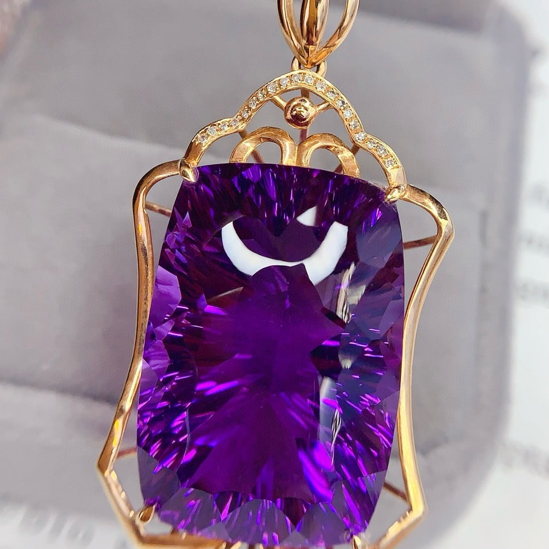 14k Gold 41.4 Ct Natural Amethyst & Diamond Pendant( Without Chain ): Ref:231194335 // gold content:14k gold // main gemstone:amethyst // shape:cushion // carat weight:41. 4ct // color:purple // treatment:natural // // adjacent gemstone 2 : diamond // number of stones:2