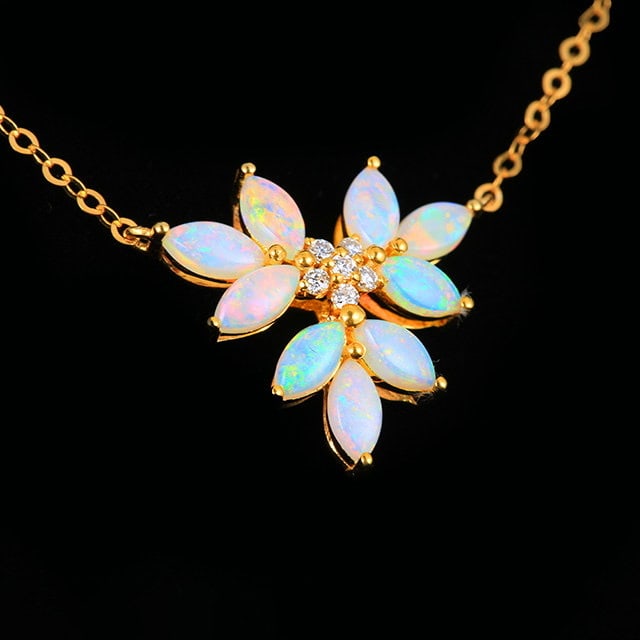 14k Gold 0.96 Ctw Natural Opal & Diamond Necklace - 2