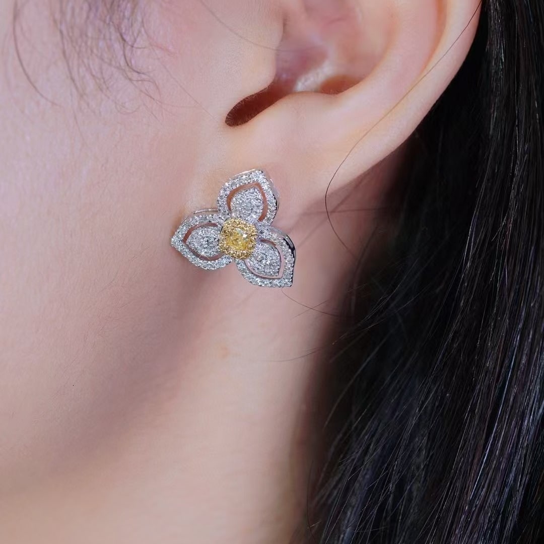 14k Gold 1.00 Ctw Natural Yellow Diamond & Diamond Earrings - 3
