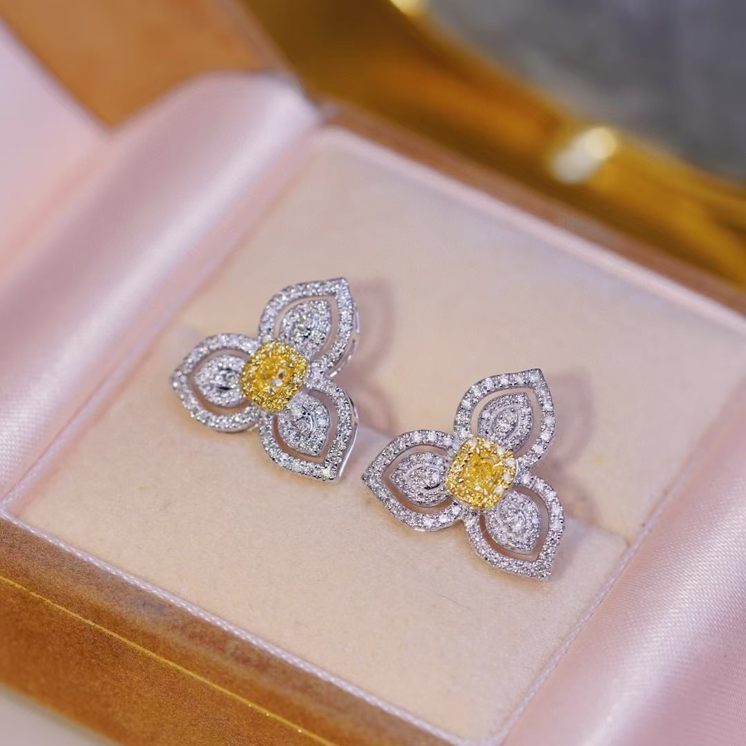 14k Gold 1.00 Ctw Natural Yellow Diamond & Diamond Earrings - 4