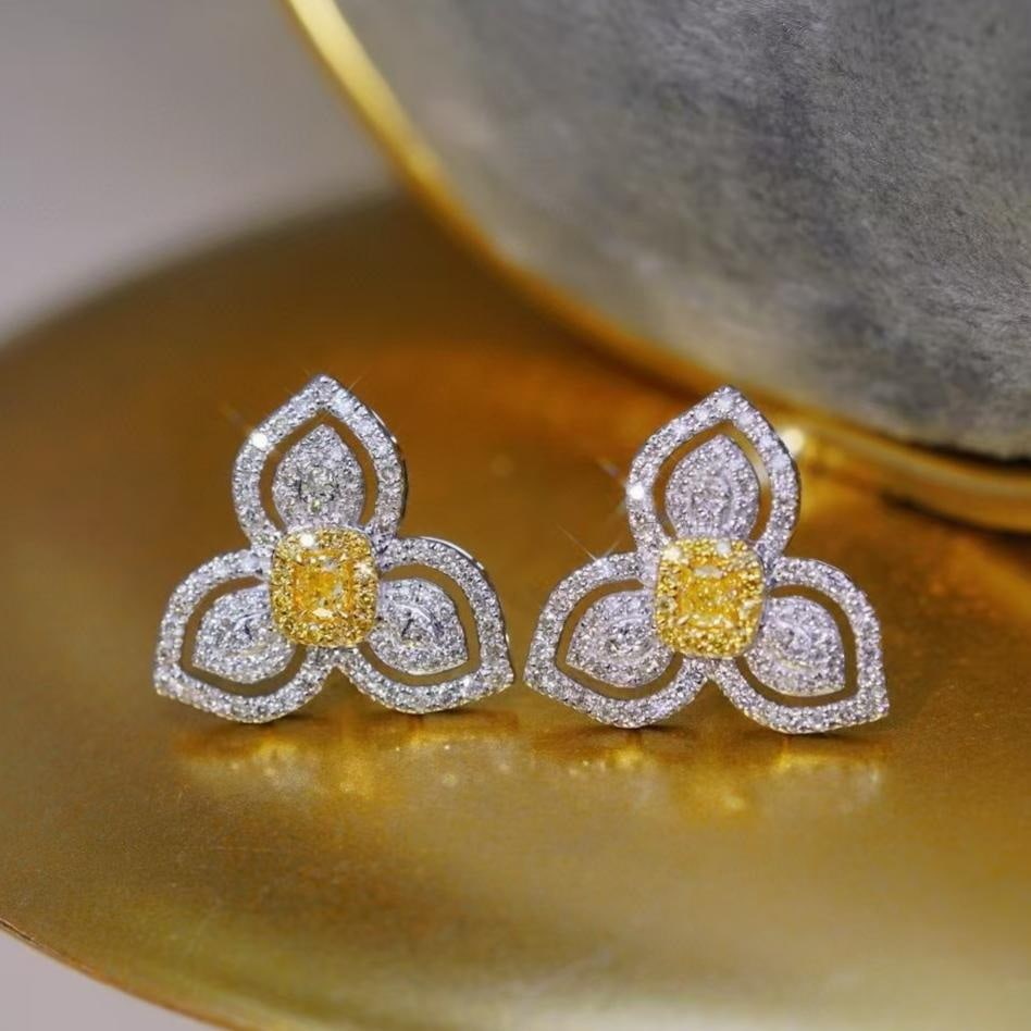 14k Gold 1.00 Ctw Natural Yellow Diamond & Diamond Earrings - 5