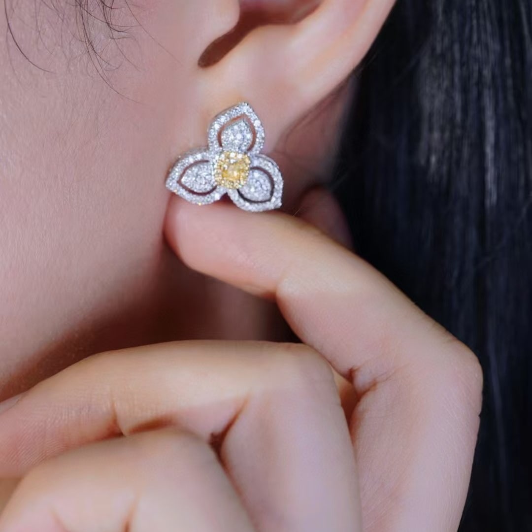 14k Gold 1.00 Ctw Natural Yellow Diamond & Diamond Earrings - 6