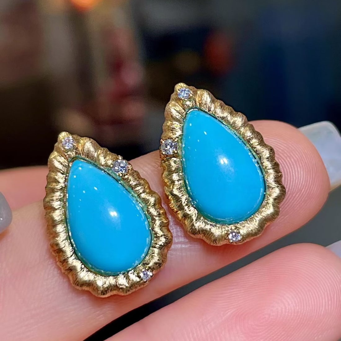 14k Gold 5.10 Ctw Natural Blue Turquoise & Diamond Earrings - 2