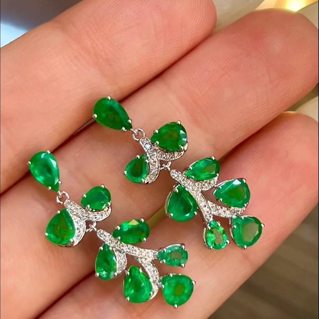 14k Gold 4.2 Ct Natural Emerald & Diamond Earrings - 2