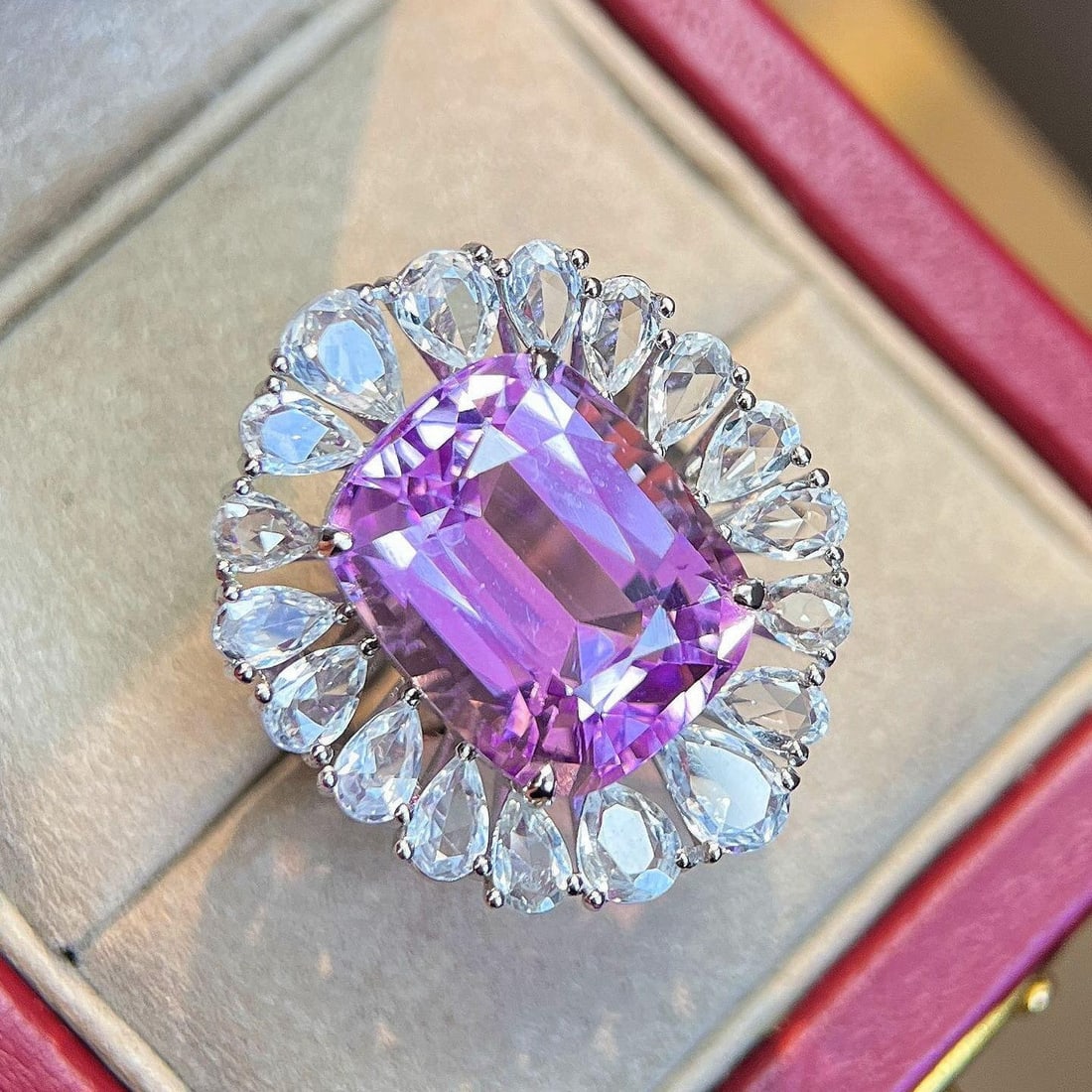 14k Gold 20.03 Ctw Natural Kunzite & Sapphire Ring: Ref:231194407 // gold content:14k gold // ring size:7. 25us // // main gemstone:kunzite // shape:cushion // carat weight:15. 3ct // color:pinkish purple // treatment:natural // // adjacent gemstone 2