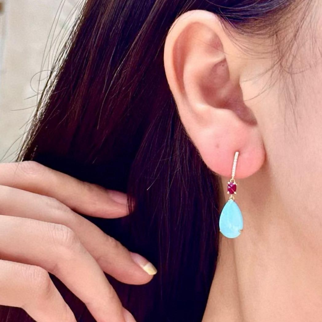 14k Gold 5.41 Ctw Natural Blue Turquoise & Ruby Earrings - 4