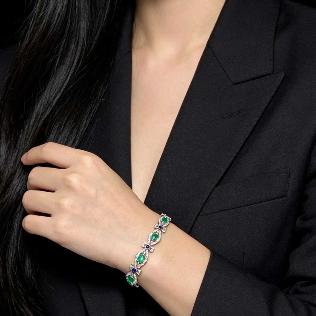 14k Gold 3 Ct Natural Emerald & Diamond & Sapphire Bracelet - 5