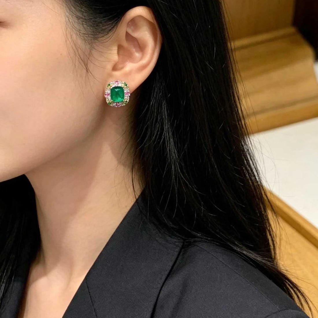 14k Gold 2.4 Ct Natural Emerald & Diamond & Coloured Gemstone Earrings - 2