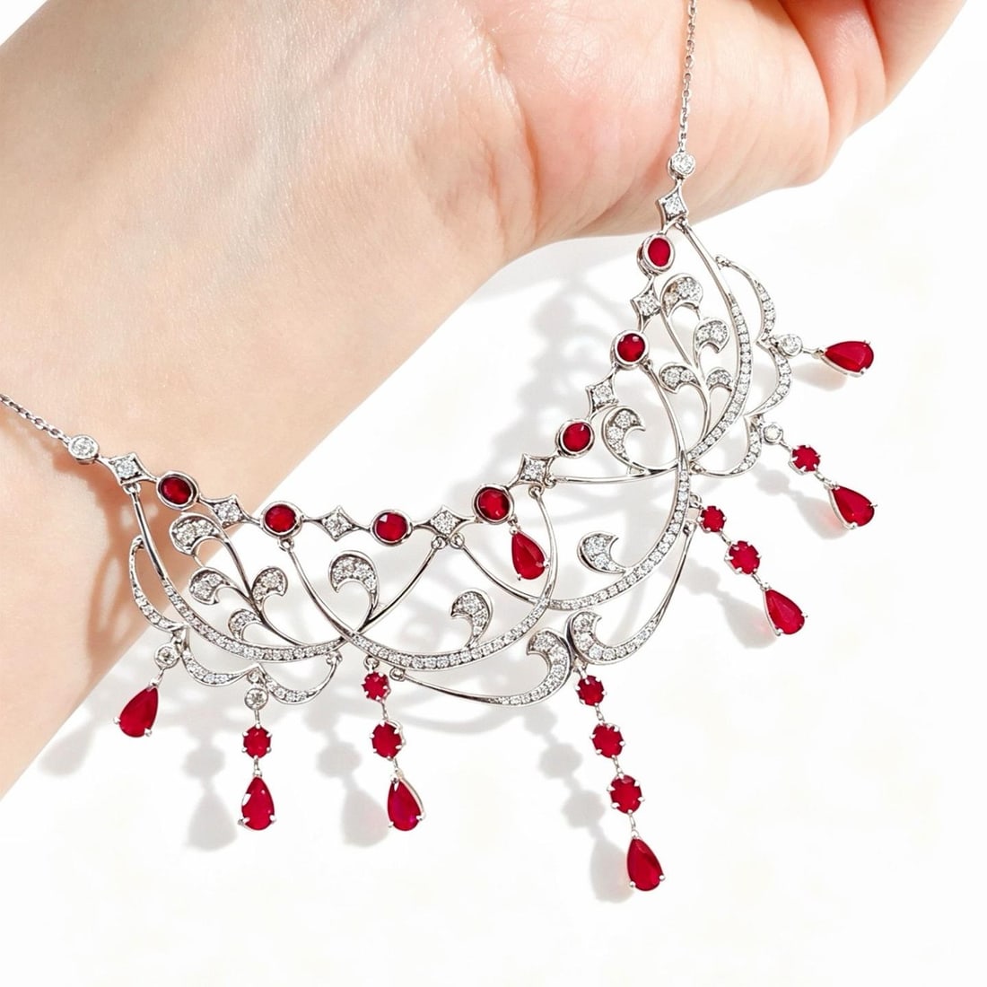 14k Gold 4.51 Ctw Natural Ruby & Diamond Necklace: Ref:231195028 // gold content:14k gold // main gemstone:ruby // shape:multiple // carat weight:3. 79ct // color:red // treatment:natural // // adjacent gemstone 2 : diamond // shape:round // carat wei