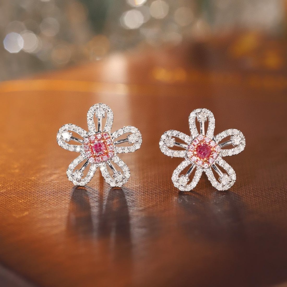 14k Gold 0.56 Ctw Natural Pink Diamond & Diamond & Flowers Earrings: Ref:231195045 // gold content:14k gold // main gemstone:pink diamond // shape:cushion // carat weight:0. 12ct // color:pink // treatment:natural // // adjacent gemstone 2 : diamond // shape:round // c