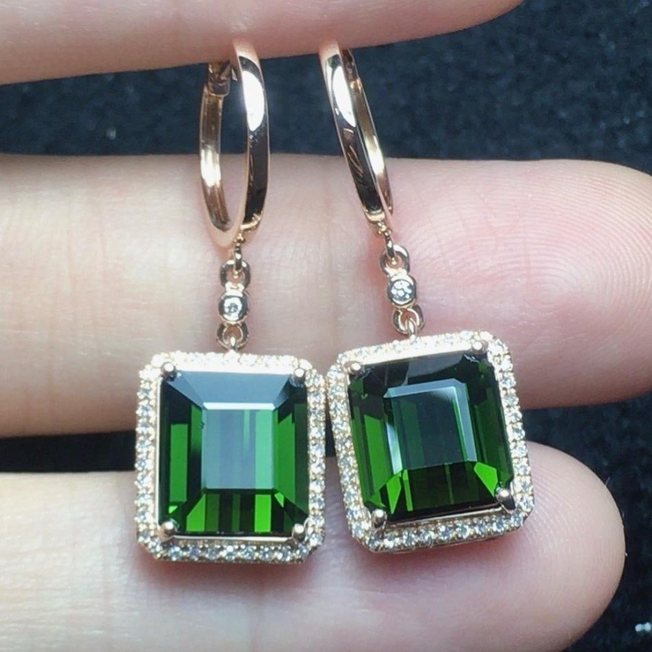 14k Gold 7.28 Ct Natural Tourmaline & Diamond Earrings: Ref:231195065 // gold content:14k gold // main gemstone:tourmaline // shape:octagonal // carat weight:7. 28ct // color:green // treatment:natural // // adjacent gemstone 2 : diamond // shape:round // 