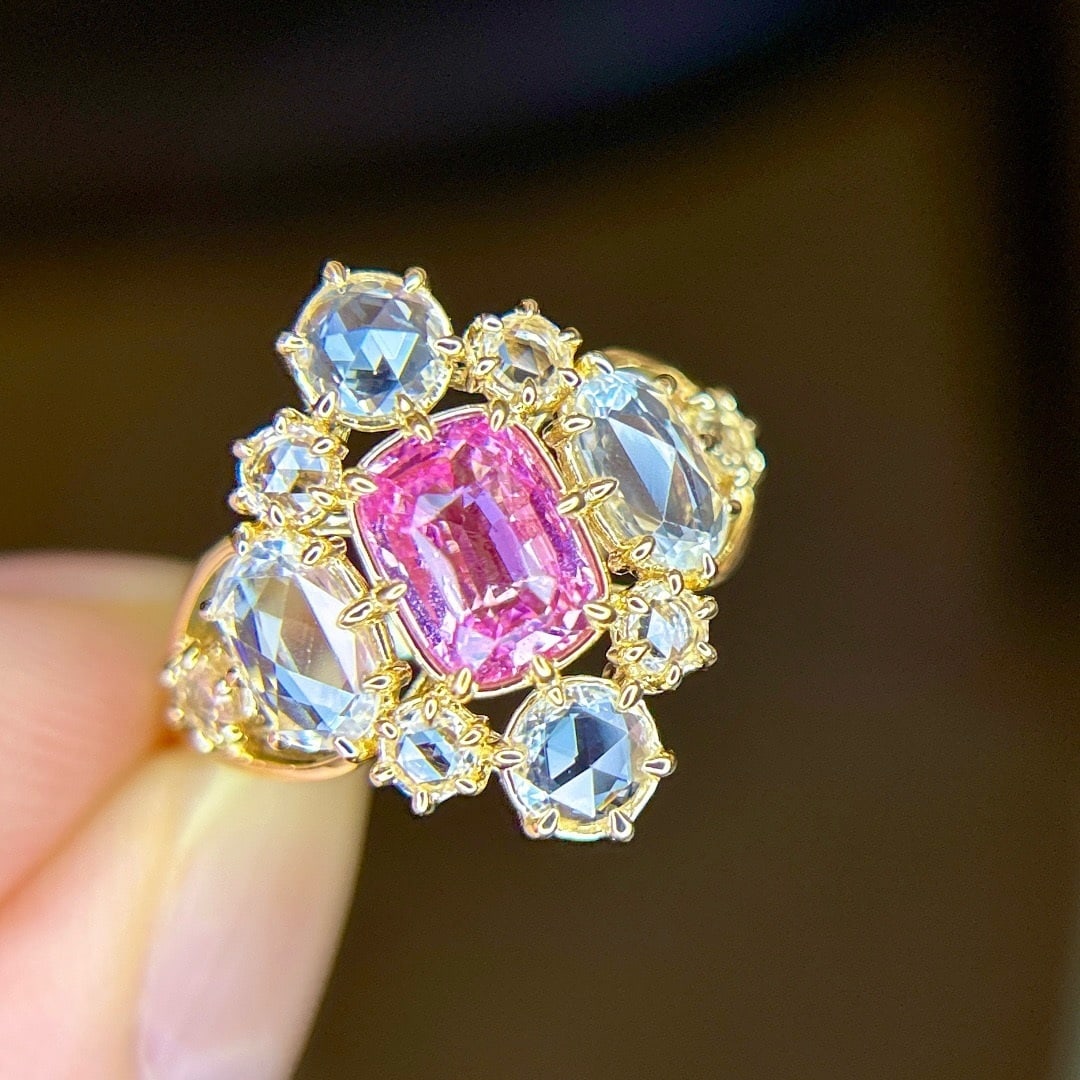 14k Gold 2.76 Ctw Natural Sapphire & Sapphire Ring: Ref:231195071 // gold content:14k gold // ring size:7. 25us // // main gemstone:sapphire // shape:cushion // carat weight:1. 1ct // color:pink // treatment:natural // // adjacent gemstone 2 :