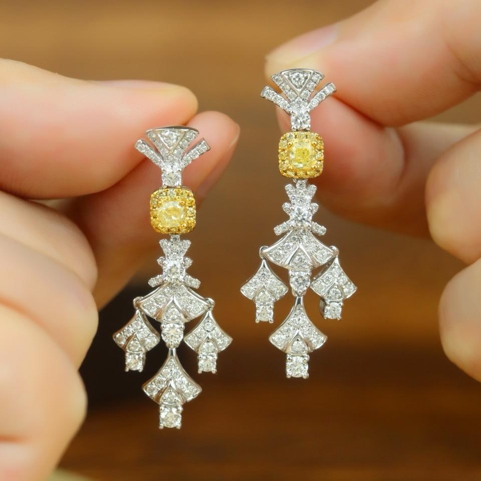 14k Gold 1.71 Ctw Natural Yellow Diamond & Diamond Earrings: Ref:231195088 // gold content:14k gold // main gemstone:yellow diamond // shape:cushion // carat weight:0. 35ct // color:yellow // treatment:natural // // adjacent gemstone 2 : diamond // shape:round 