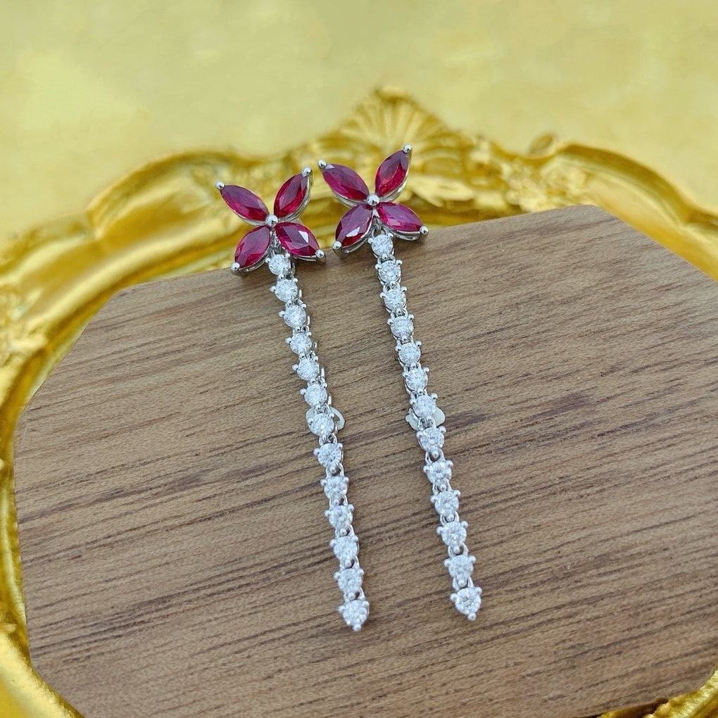 14k Gold 1.46 Ctw Natural Ruby & Diamond Earrings: Ref:231195227 // gold content:14k gold // main gemstone:ruby // shape:marquise // carat weight:0. 88ct // color:red // treatment:natural // // adjacent gemstone 2 : diamond // shape:round // carat wei