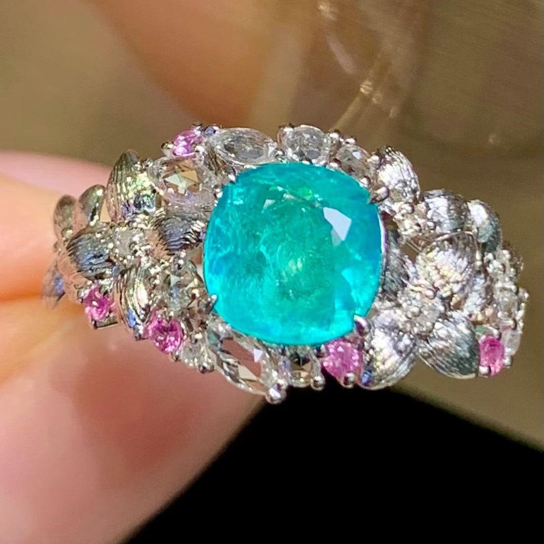 14k Gold 1.3 Ct Natural Paraiba Tourmaline & Diamond & Sapphire Ring: Ref:231195234 // gold content:14k gold // ring size:7. 25us // // main gemstone:paraiba tourmaline // shape:cushion // carat weight:1. 3ct // color:bluish green // treatment:natural // // adjacent gem
