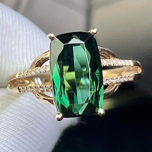 14k Gold 3.86 Ct Natural Tourmaline & Diamond Ring: Ref:231196109 // gold content:14k gold // ring size:7. 25us // // main gemstone:tourmaline // shape:cushion // carat weight:3. 86ct // color:green // treatment:natural // // adjacent gemstone 2 :