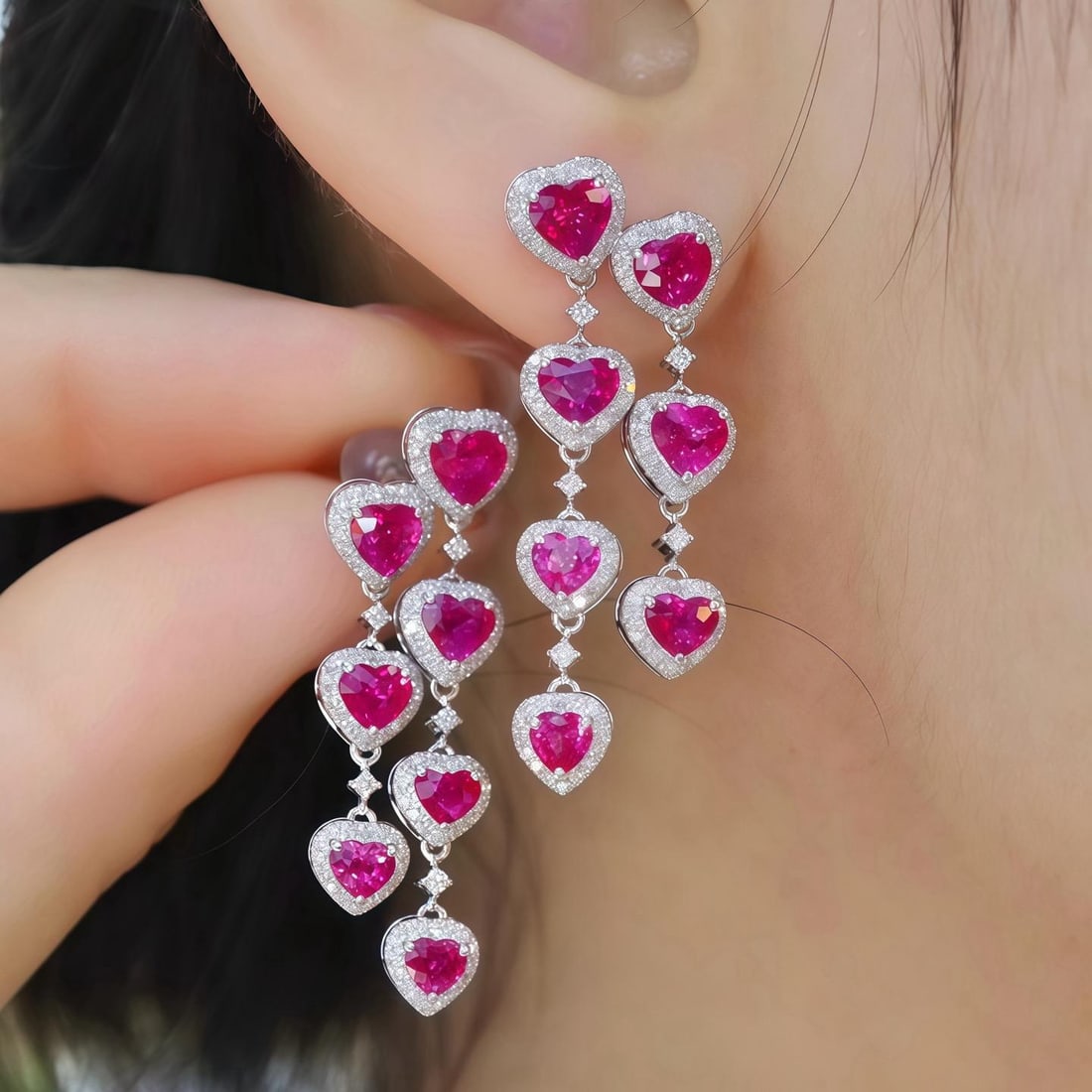 14k Gold 5.42 Ctw Natural Ruby & Diamond Earrings: Ref:231196121 // gold content:14k gold // main gemstone:ruby // shape:heart // carat weight:4. 60ct // color:red // treatment:natural // // adjacent gemstone 2 : diamond // number of stones:250 // sha