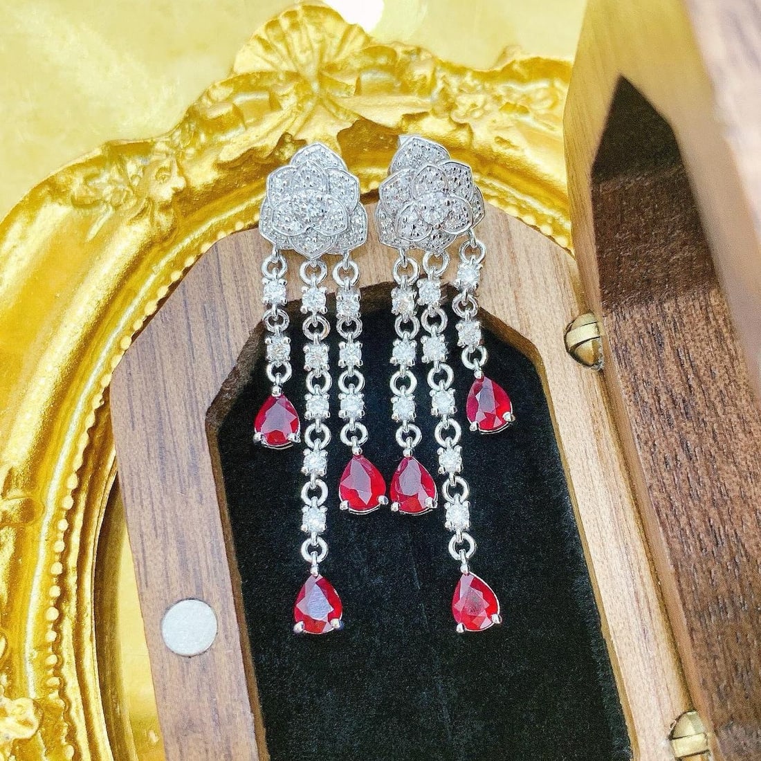 14k Gold 2.12 Ctw Natural Ruby & Diamond Earrings: Ref:231196247 // gold content:14k gold // main gemstone:ruby // shape:pear // carat weight:1. 48ct // color:red // treatment:natural // // adjacent gemstone 2 : diamond // shape:round // carat weight: