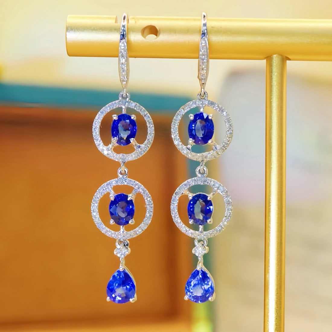 14k Gold 2.93 Ctw Natural Sapphire & Diamond Earrings: Ref:231196232 // gold content:14k gold // main gemstone:sapphire // shape:multiple // carat weight:2. 55ct // color:blue // treatment:natural // // adjacent gemstone 2 : diamond // number of stones:12