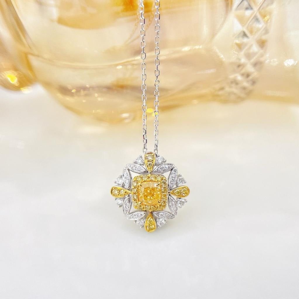 14k Gold 0.69 Ctw Natural Yellow Diamond & Diamond Necklace: Ref:231196295 // gold content:14k gold // main gemstone:yellow diamond // shape:cushion // carat weight:0. 42ct // color:yellow // treatment:natural // // adjacent gemstone 2 : diamond // shape:round 
